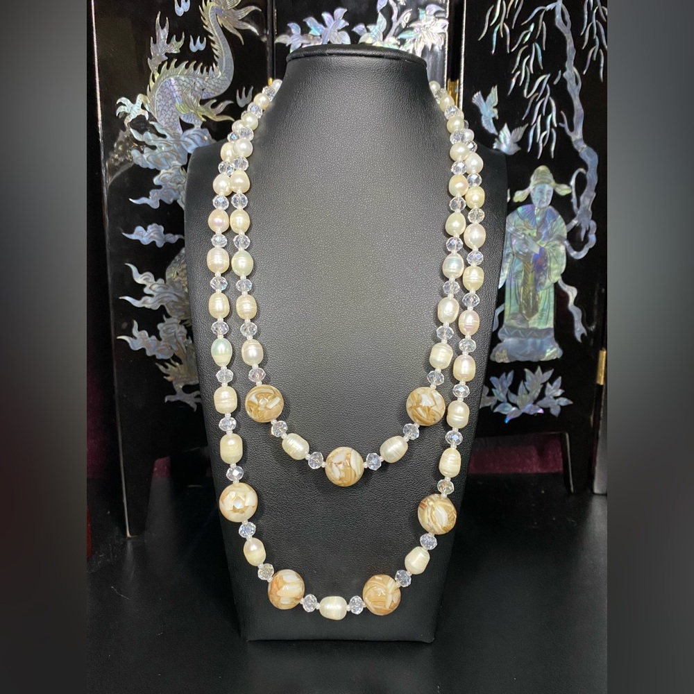 Handmade freshwater pearl w/ MOP and crystal two strand necklace